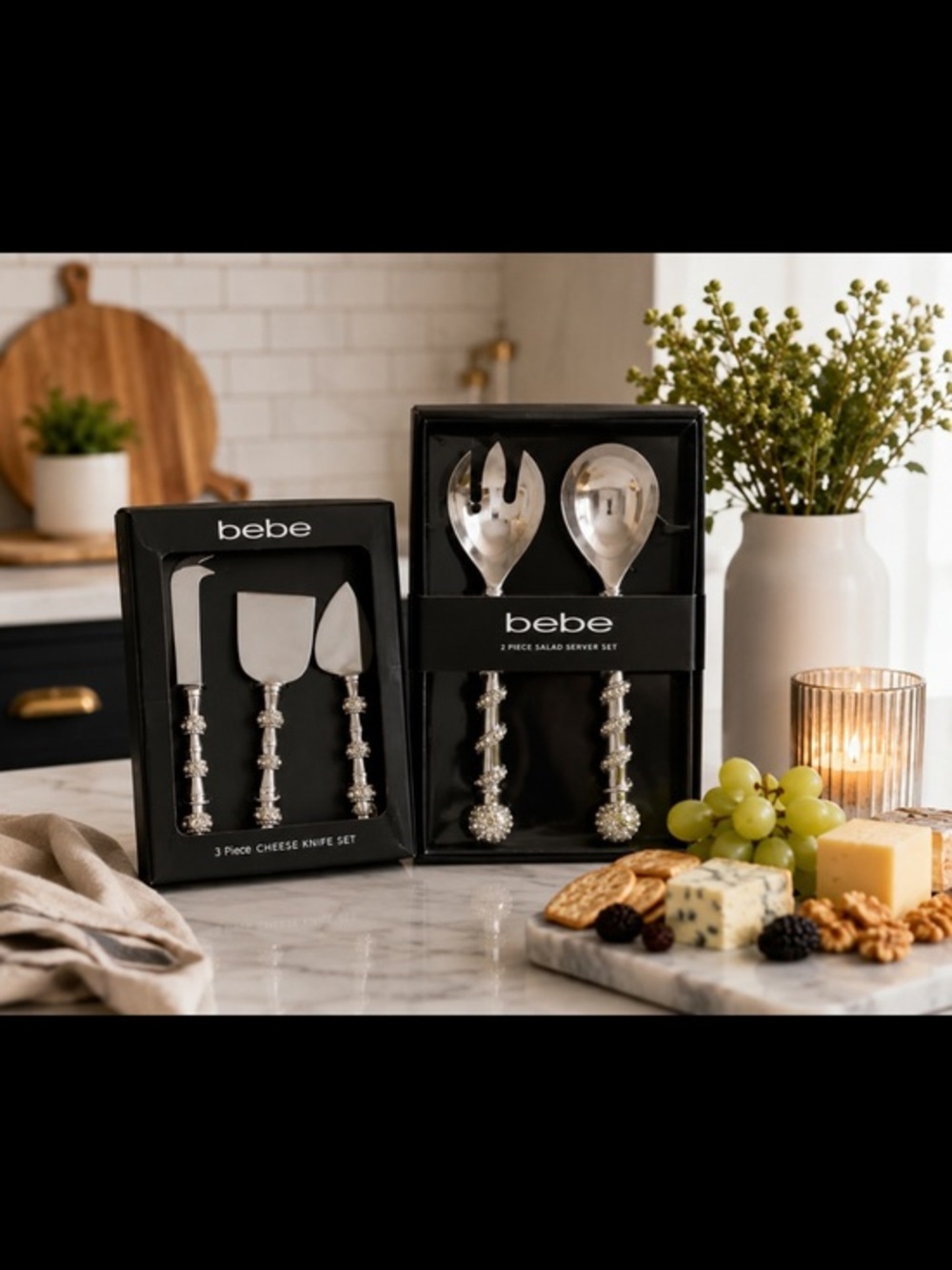 Bebe Rhinestone Cheese Knife & Salad Server Set Silver 5 Piece